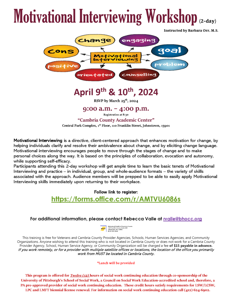Motivational Interviewing 2-Day Workshop – Behavioral Health of Cambria ...